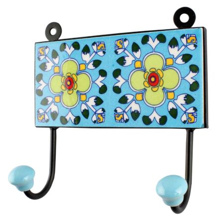 Turquoise Floral Ceramic Tile Hook Online